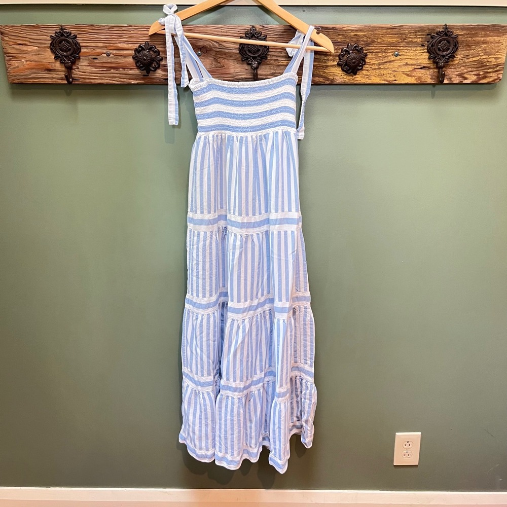 o.p.t Elara Blue White Striped Smocked Tiered Tie Strap Maxi Dress Size S